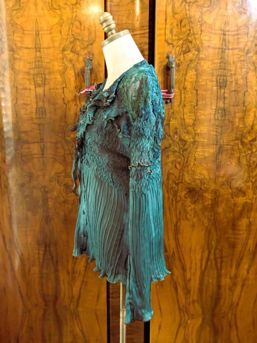 Alberto Makali Sequin Beaded Crinkle Blouse XL Green Lace Accent Whimsical - Picture 5 of 7